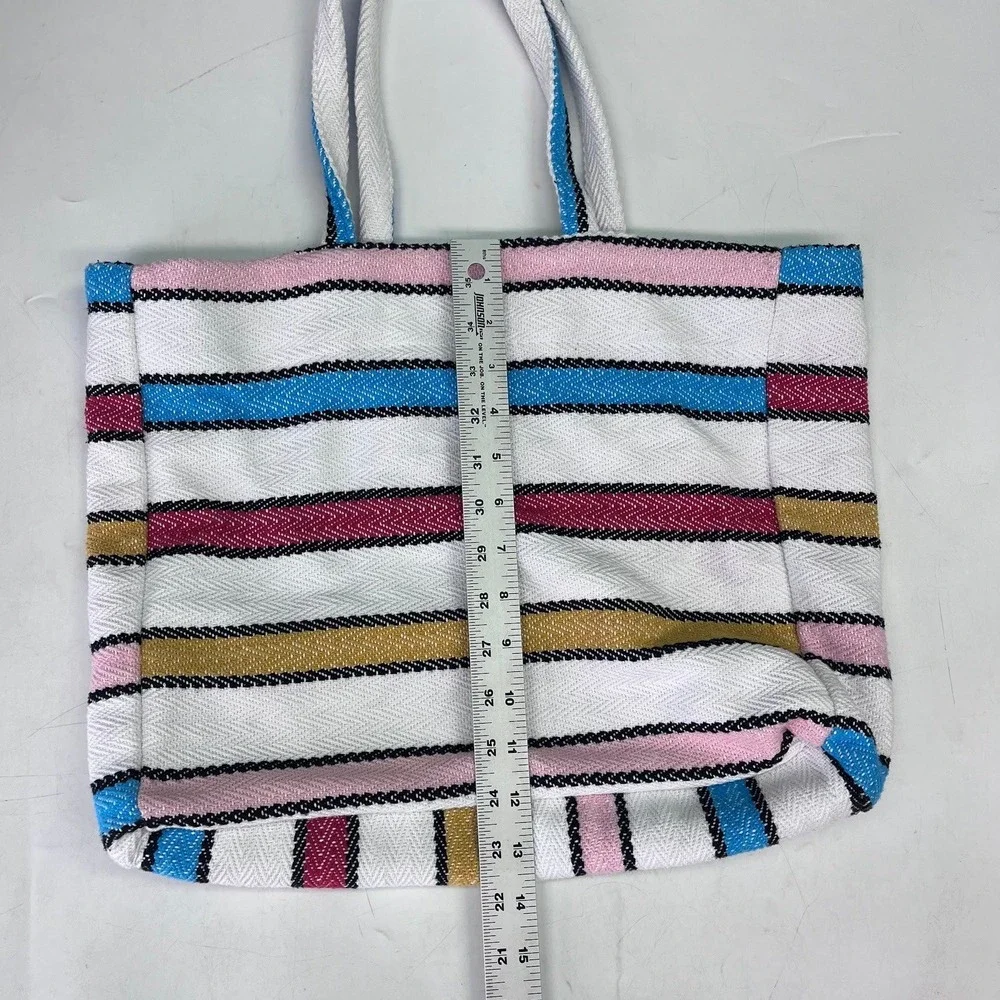 Senor Lopez Woven Striped Tote Bag White Blue Pink Cotton Blend Made in Mexico